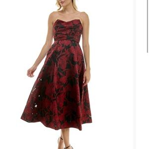 Elegant Strapless Red Floral Dress